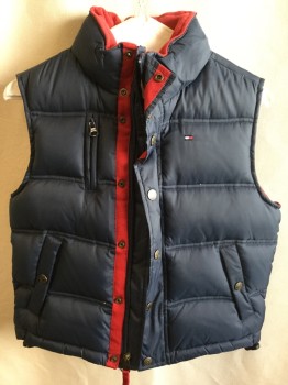 TOMMY HILFIGER , Navy Blue, Red, Polyester, Solid, Collar Attached, Puffy, Red with 1 Horizontal Blue Sky Piping Stripe Lining, Zip & Metal Snap Front, 2 Slant Pockets with Matching Snaps
