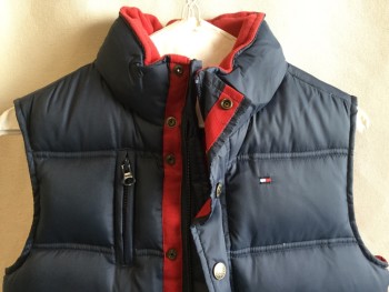 TOMMY HILFIGER , Navy Blue, Red, Polyester, Solid, Collar Attached, Puffy, Red with 1 Horizontal Blue Sky Piping Stripe Lining, Zip & Metal Snap Front, 2 Slant Pockets with Matching Snaps