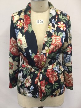ZARA, Black, Red, Tan Brown, Blue, Green, Polyester, Floral, Black with Floral Print, Shawl Collar, Long Sleeves, 2 Pockets, Self Belt
