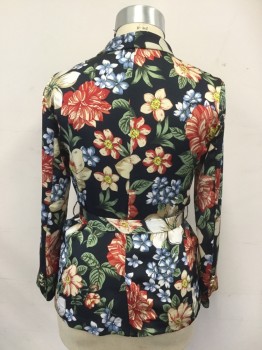 ZARA, Black, Red, Tan Brown, Blue, Green, Polyester, Floral, Black with Floral Print, Shawl Collar, Long Sleeves, 2 Pockets, Self Belt
