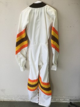 Mens, Coveralls/Jumpsuit, SFR FLITE SUIT, White, Orange, Yellow, Brown, Synthetic, Solid, W 24, Ch 32, Flight Suit, White with Orange/Yellow/Brown Stripe Panels on Sleeves and Lower Legs, Zip Front, Brown Ribbed Knit Collar, 1 Velcro Pocket Right Thigh, Velcro Cuff, Mended Center Back Crotch