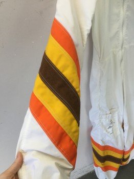 Mens, Coveralls/Jumpsuit, SFR FLITE SUIT, White, Orange, Yellow, Brown, Synthetic, Solid, W 24, Ch 32, Flight Suit, White with Orange/Yellow/Brown Stripe Panels on Sleeves and Lower Legs, Zip Front, Brown Ribbed Knit Collar, 1 Velcro Pocket Right Thigh, Velcro Cuff, Mended Center Back Crotch