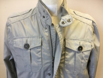 ALFRED SUNG, Lt Gray, Polyester, Solid, Zip Front with Snap Placket, Camp Pockets, Epaulets, Stand Collar with Knit Lining