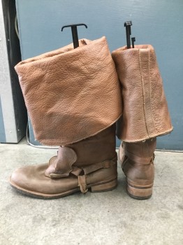 Mens, Historical Fiction Boots , RED HEAD/MTO, Brown, Leather, Solid, 11, Cavalier Boots with Exaggerated Cuff Below Knee. Leather Butterfly Strap on Stir ups at Front Lower