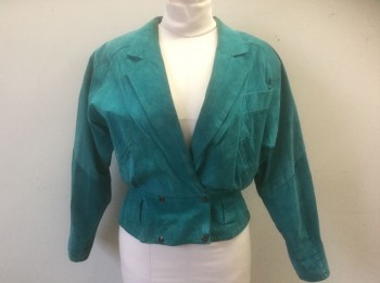 Womens, Leather Jacket, CLIMAX DAVID HOWARD, Teal Blue, Suede, Solid, B <40", M, W<30", 2 Rows of Snap Closures at Front, Notched Lapel, Heavily Padded Shoulders, Dolman Sleeves, 3 Pockets, Thick Belt Loops at Waist, **Stained at Shoulder