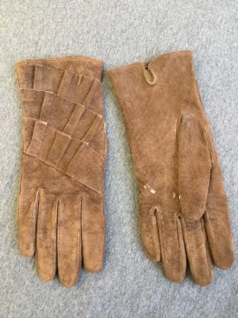 Womens, Gloves 1890s-1910s, NL, Chocolate Brown, Leather, Wool, Solid, Suede Wrist High Gloves with Triple Self Ruffle Detail at Top of Hand. Wool Knit Lined. Some White Marks on Underside of Both Gloves,