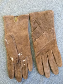 Womens, Gloves 1890s-1910s, NL, Chocolate Brown, Leather, Wool, Solid, Suede Wrist High Gloves with Triple Self Ruffle Detail at Top of Hand. Wool Knit Lined. Some White Marks on Underside of Both Gloves,