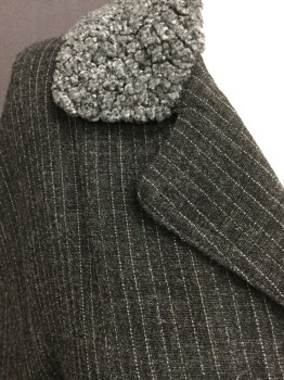 Womens, Jacket 1890s-1910s, N/L, Charcoal Gray, Gray, Rayon, Wool, Stripes - Pin, B:46, Long Sleeves, 3 Button Front, Shearling Notched Collar, 1 Flap Pocket, No Lining,
