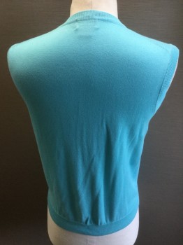 BROOKS BROTHERS, Turquoise Blue, Cotton, Solid, Knit, V-neck, Pullover,