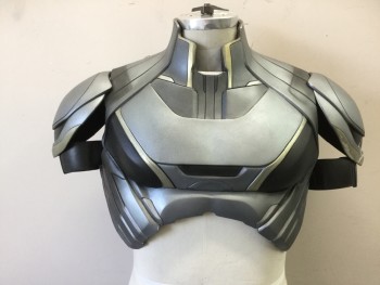 Mens, Breastplate, MTO, Silver, Black, Rubber, Color Blocking, 38, 6 PIECES, Molded Rubber Armor, Crop, High Neck, 2 Separate Shoulder Pads with Velcro Attachment,  2 Black Rubber Armbands with Button and Loop Attachment, Back Panel Covering Zip Up Back with Velcro Attachment