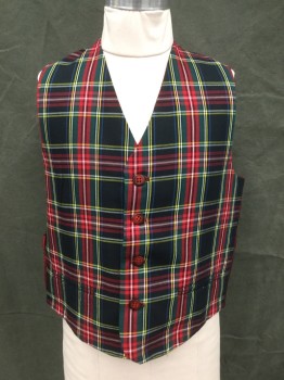 SILVIA'S COSTUMES, Red, Black, Yellow, Blue, Green, Cotton, Plaid, Button Front, 2 Faux Welt Pockets, Dark Red Solid Poly Silk Back, Attached Back Waist Belt