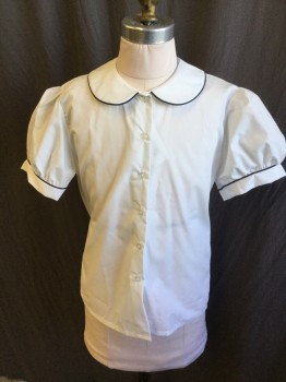Childrens, Blouse, BECKY THATCHER, White, Navy Blue, Cotton, Polyester, Solid, 10, (2)  Navy Piping Trim on Scalloped  Collar Attached and Puffy Short Sleeves with Cuff, Button Front,