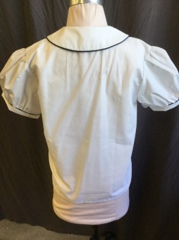 Childrens, Blouse, BECKY THATCHER, White, Navy Blue, Cotton, Polyester, Solid, 10, (2)  Navy Piping Trim on Scalloped  Collar Attached and Puffy Short Sleeves with Cuff, Button Front,