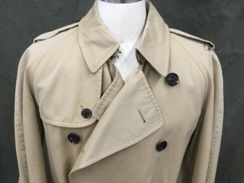 BURBERRY, Tan Brown, Cotton, Solid, Double Breasted, Collar Attached, Raglan Long Sleeves, Epaulets, 2 Pockets, Vented Back Yoke, Shoulder Flap Panel, Belted Cuffs, Self Belt, Gussetted Center Back