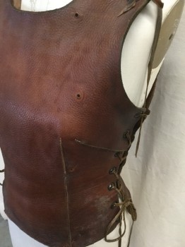 Womens, Historical Fict Breastplate , MTO, Brown, Leather, Solid, W27+, B36+, Greek, Warrior, Armour, Thick Supple Aged and Worn, Lacing at Shoulders and Sides Adjustable, 8 Holes Made on Front Panel, Robin Hood, Earthy