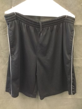 STARTER, Black, Polyester, Solid, Athletic Shorts, Elastic Smocked Drawstring Waistband, Light Gray Side Piping, 2 Pockets