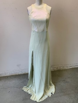 MASON, Eggshell White, Pearl White, Silk, Vinyl, Solid, Top/Bodice is Pearl Metallic Vinyl, with Pebbled Texture, Below Waist is Eggshell Chiffon, Sleeveless, Round Neck, Princess Seams, Floor Length, Center Back Zipper, **Dirty/Stained at Hem