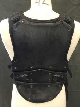 Mens, Breastplate, MTO, Black, Metallic, Plastic, Foam, L, 3 Plastic Snap Buckles with Web Straps on Each Side, 2 Metal Snap Buckles on Shoulders, Metallic Painted Plastic Molded Armor Pieces on Foam Attached Pieces on Back and Front