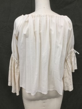Womens, Historical Fiction Blouse, KASHI, Off White, Cotton, Solid, M, 34, Drawstring Off the Shoulder Neck, Raglan Sleeve, Ribbon Drawstring at Elbow, Lace Bell Lower Half Sleeve, Peasant Blouse, Medieval,