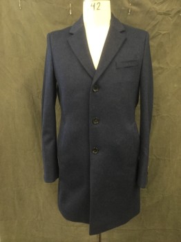 HUGO BOSS, Dk Blue, Wool, Cashmere, Heathered, Button Front, Collar Attached, Notched Lapel, 3 Pockets, Long Sleeves, Knee Length