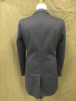 HUGO BOSS, Dk Blue, Wool, Cashmere, Heathered, Button Front, Collar Attached, Notched Lapel, 3 Pockets, Long Sleeves, Knee Length