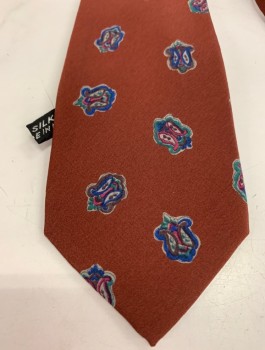 Mens, Tie, PAVONE, Chestnut Brown, Blue, Teal Green, Magenta Pink, Silk, Abstract , Small Colorful Shapes (Somewhat Like Paisley) on Brown Background,