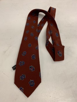 Mens, Tie, PAVONE, Chestnut Brown, Blue, Teal Green, Magenta Pink, Silk, Abstract , Small Colorful Shapes (Somewhat Like Paisley) on Brown Background,