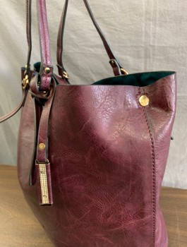 Womens, Purse, N/L, Dk Purple, Leather, Solid, Tote Style Bag, Gold Hardware, Self Handles, Interior is Emerald Green