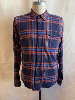 PATAGONIA, Navy Blue, Orange, Lt Blue, Yellow, Peach Orange, Cotton, Plaid, Collar Attached, Button Front, Long Sleeves, 1 Pocket