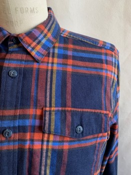 Mens, Casual Shirt, PATAGONIA, Navy Blue, Orange, Lt Blue, Yellow, Peach Orange, Cotton, Plaid, M, Collar Attached, Button Front, Long Sleeves, 1 Pocket