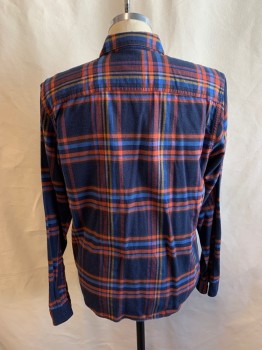 Mens, Casual Shirt, PATAGONIA, Navy Blue, Orange, Lt Blue, Yellow, Peach Orange, Cotton, Plaid, M, Collar Attached, Button Front, Long Sleeves, 1 Pocket