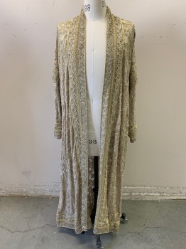 Mens, Robe, N/L MTO, Gold, Polyester, Metallic/Metal, Floral, OS, Ethnic Influenced. Green Embroidery on Neck, Shoulders, & Back Yoke, Beige Power Mesh with Gold Floral Embroidery Embellished with Gold Sequins & Gold Bullion Trim, Open Front