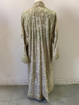Mens, Robe, N/L MTO, Gold, Polyester, Metallic/Metal, Floral, OS, Ethnic Influenced. Green Embroidery on Neck, Shoulders, & Back Yoke, Beige Power Mesh with Gold Floral Embroidery Embellished with Gold Sequins & Gold Bullion Trim, Open Front