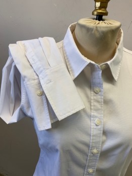 BANANA REPUBLIC, White, Cotton, Polyester, Solid, Long Sleeves, Button Front, Collar Attached, Wide Cuffs with 1 Button,