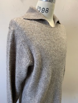 Mens, Pullover Sweater, CLUB MONACO, Oatmeal Brown, Wool, Nylon, Solid, M, Knit, Long Sleeves, V-neck with Rib Knit Collar Attached