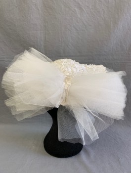 Womens, Hat, N/L, White, Pearl White, Silk, Beaded, Floral, Wedding Hat, Covered in White Lace with White Pearls, Disc Shape with Pointed End Over Forehead, Large Tulle Bow in Back, Bridal Veil