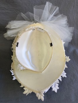 Womens, Hat, N/L, White, Pearl White, Silk, Beaded, Floral, Wedding Hat, Covered in White Lace with White Pearls, Disc Shape with Pointed End Over Forehead, Large Tulle Bow in Back, Bridal Veil