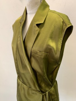 HAIDER ACKERMANN, Pea Green, Silk, Solid, Satin, Sleeveless, Wrap Top, Notch Lapel with Hand Picked Stitching, 1 Pocket, Missing Hole for Ties to Loop Through