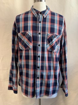 AG , Navy Blue, Lt Gray, Red, Blue, Cotton, Plaid, Twill, Button Front, Collar Attached, 2 Patch Pockets, Long Sleeves, Button Cuff