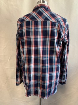 Mens, Casual Shirt, AG , Navy Blue, Lt Gray, Red, Blue, Cotton, Plaid, XXL, Twill, Button Front, Collar Attached, 2 Patch Pockets, Long Sleeves, Button Cuff