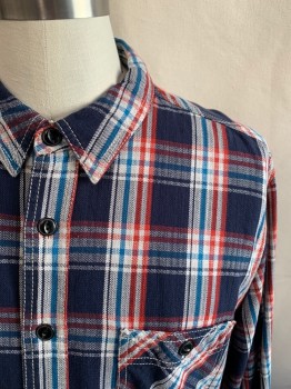 AG , Navy Blue, Lt Gray, Red, Blue, Cotton, Plaid, Twill, Button Front, Collar Attached, 2 Patch Pockets, Long Sleeves, Button Cuff