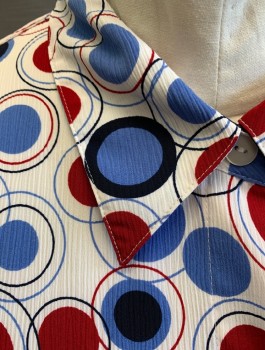 ALFRED DUNNER, White, Cherry Red, French Blue, Black, Polyester, Circles, Crinkled Texture Crepe, Short Sleeves, Button Front, Collar Attached
