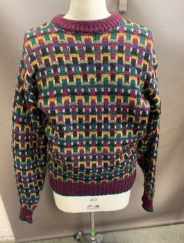 Mens, Sweater, BOSTON TRADERS, Purple, Gold, Dk Green, Blue, Black, Wool, Geometric, XL, C N, L/ S Pullover, Link Pattern