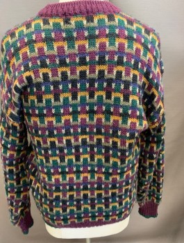 Mens, Sweater, BOSTON TRADERS, Purple, Gold, Dk Green, Blue, Black, Wool, Geometric, XL, C N, L/ S Pullover, Link Pattern