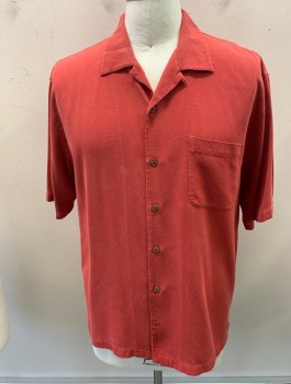 TOMMY BAHAMA, Faded Red, Silk, Solid, S/S, Button Front, C.A., 1 Pocket, Heavy Washed Tiny Waffle Pattern