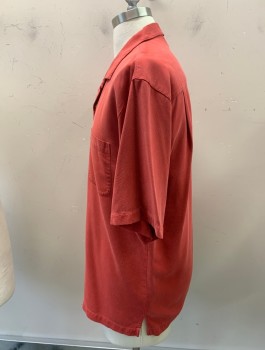 TOMMY BAHAMA, Faded Red, Silk, Solid, S/S, Button Front, C.A., 1 Pocket, Heavy Washed Tiny Waffle Pattern