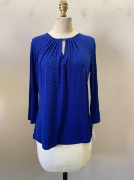 LIZ CLAIBORNE, Royal Blue, Black, Polyester, Spandex, Circles, Abstract , Scoop Neckline, Key Hole at Center Front, Gold Flat Button at Center Front, Pleated at Neckline, Long Sleeves