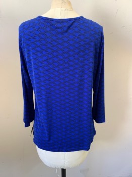 LIZ CLAIBORNE, Royal Blue, Black, Polyester, Spandex, Circles, Abstract , Scoop Neckline, Key Hole at Center Front, Gold Flat Button at Center Front, Pleated at Neckline, Long Sleeves
