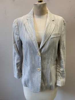 Womens, Blazer, THEORY, Cream, Black, Linen, Stripes - Vertical , 4, Single Breasted, Notched Lapel, 3 Faux Pocket, Back Slit, Slight Rouching on Sleeve