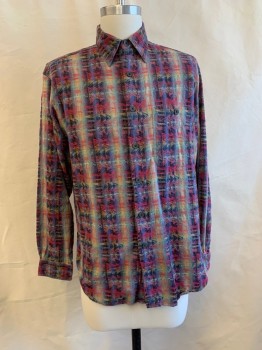 Mens, Shirt, THE TERRITORY AHEAD, Red, Blue, Yellow, Lt Blue, Cotton, Stripes, Triangles, S, C.A., Button Front, L/S, 1 Pocket, 3 Button Cuffs